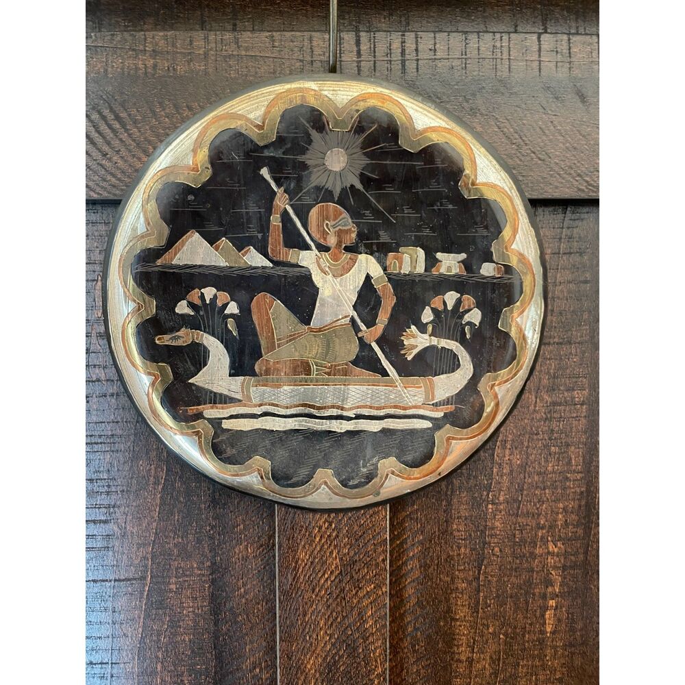 Vintage Egyptian Mixed Metal Wall Plaque 10” Pharaoh Nile Boat Copper Brass Art